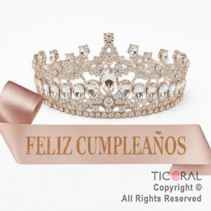 SET VINCHA Y BANDA FELIZ CUMPLEA�OS GEMAS Y STRASS ROSA GOLD (10549J)X 1
